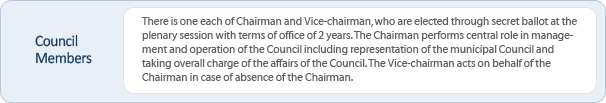 Council Members : There is one each of Chairman and Vice-chairman, who are elected through secret ballot at the plenary session with terms of office of 2 years. The Chairman performs central role in management and operation of the Council including representation of the municipal Council and taking overall charge of the affairs of the Council. The Vice-chairman acts on behalf of the Chairman in case of absence of the Chairman.  
